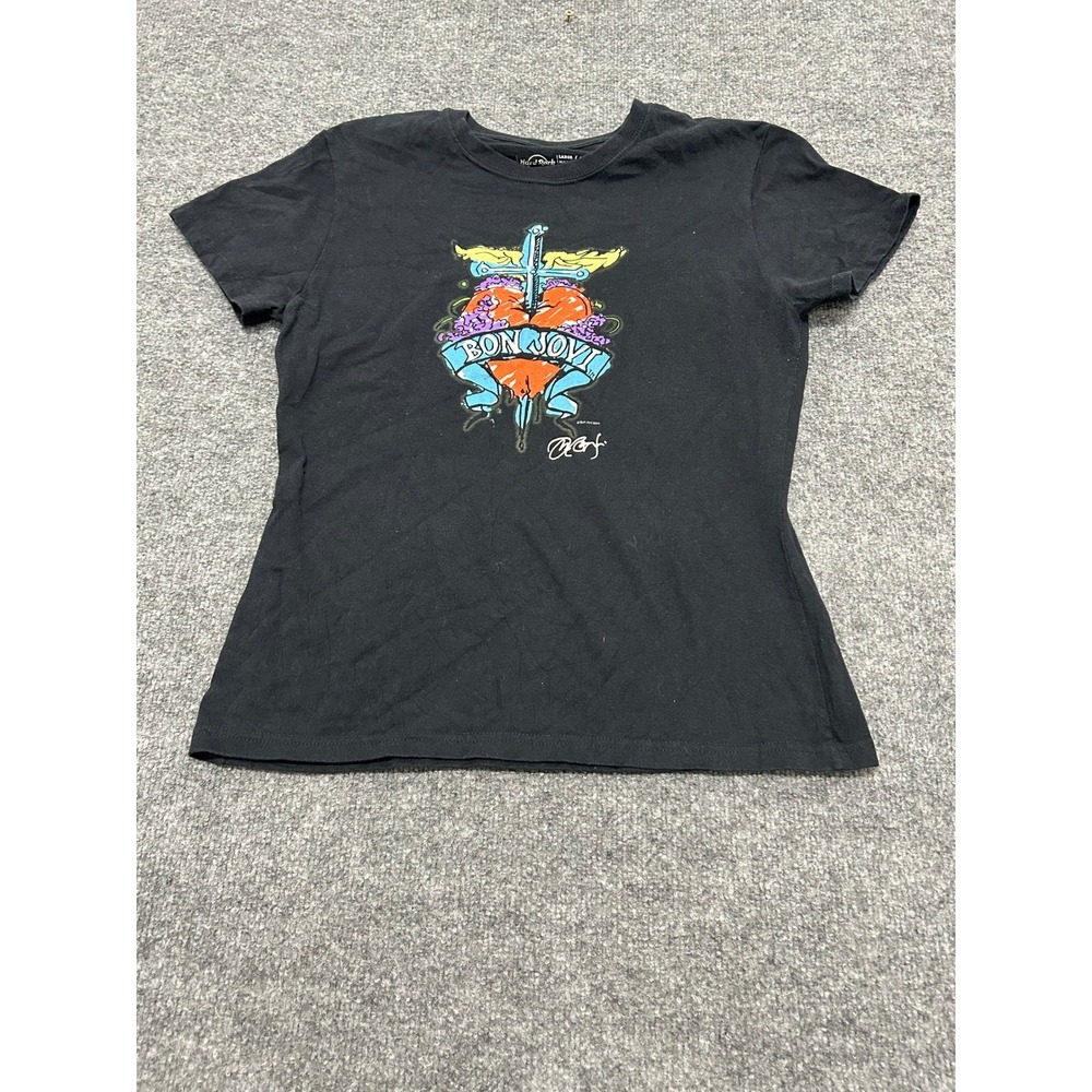Hard Rock Cafe T-Shirt Womens Size L Black Bon Jovi Graphic Cotton Short Sleeve